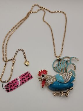 Betsey Johnson Rooster Necklace Blue Enamel with Crystal Rhinstones Goldtone